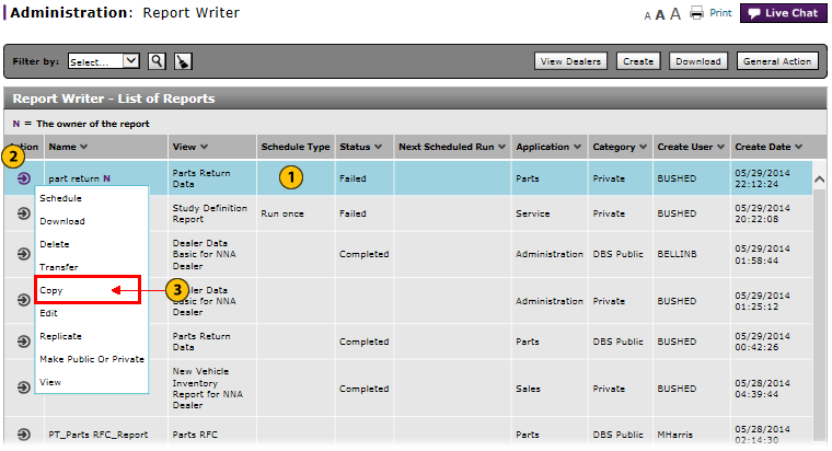 Report Writer page with Copy option highlighted